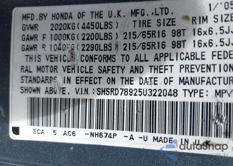 2005 Honda Cr-V Se z USA, uszkodzony, nr VIN SHSRD78925U322048
